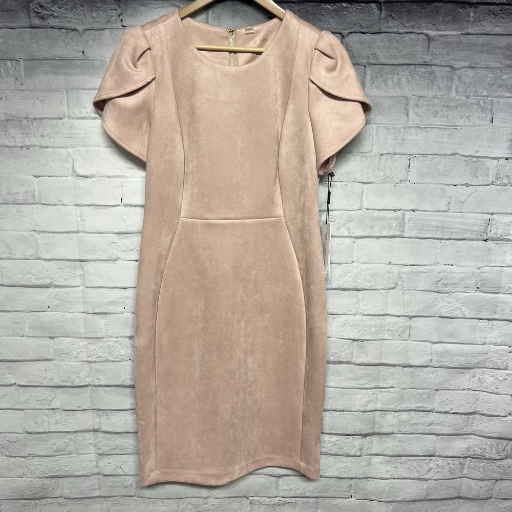 Calvin Klein Dress Womens 14 Pink Faux Suede Scuba Tulip Petal‎ Sleeve Sheath